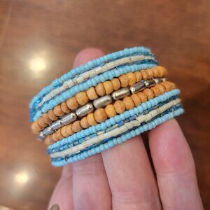 BOHO Open Wire Cuff Wide Blue/Brown Beaded Bracelet Ornate